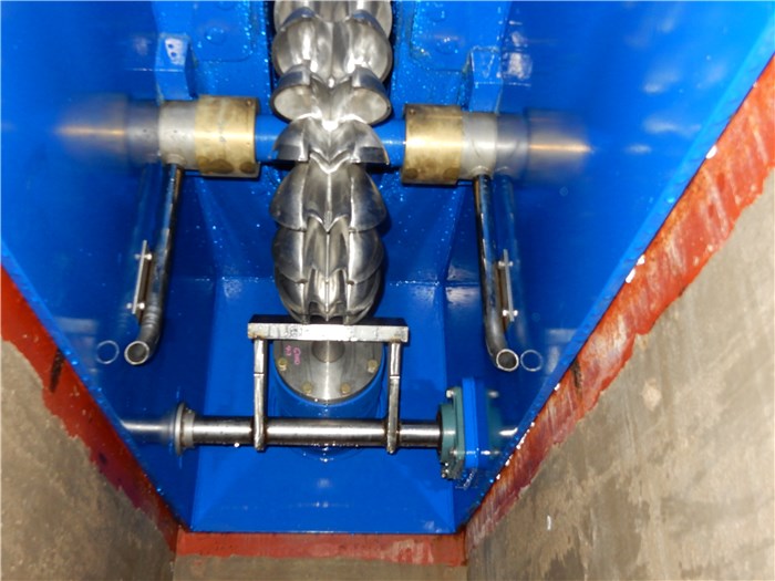 The turbine from the sump showing the spear valve deflector and Pelton wheel 28 November 2015 The turbine from the sump showing the spear valve deflector and Pelton wheel 28 November 2015