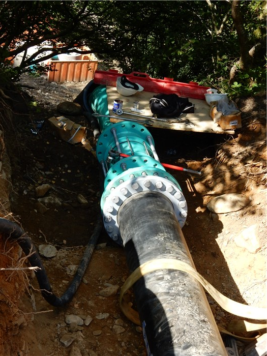 The polyethylene pipe under the forest road is connected to the steel pipe at the top of the bank 8 Sept 2015 The polyethylene pipe under the forest road is connected to the steel pipe at the top of the bank 8 Sept 2015