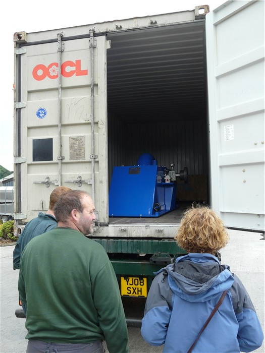 The turbine arrives from the USA in its container via Liverpool Docks 29 July 2015