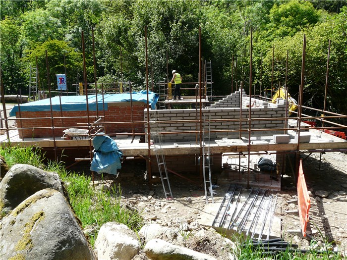 Last few courses of blocks on the turbine room walls 3 July 2015 Last few courses of blocks on the turbine room walls 3 July 2015