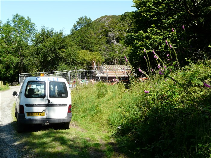 The first sight of the turbine house returning down the Aber Falls path 15 July 2015 The first sight of the turbine house returning down the Aber Falls path 15 July 2015