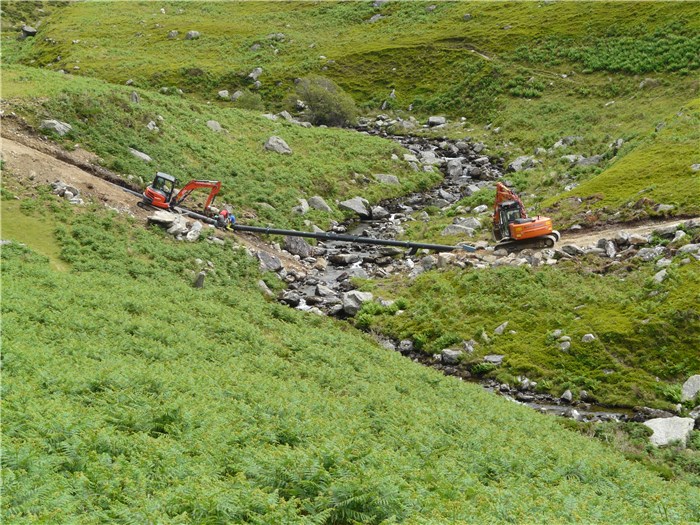The pipe bridge across Afon Anafon in position 30 June 2015 The pipe bridge across Afon Anafon in position 30 June 2015